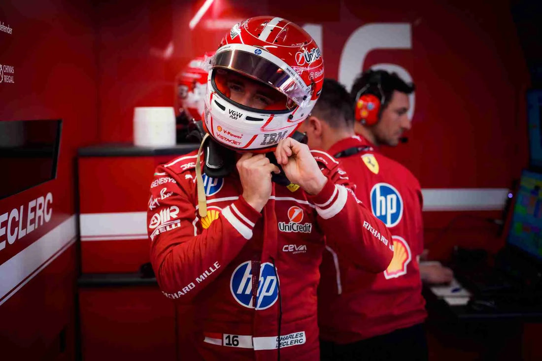 Charles Leclerc driving the Ferrari during the 2025 Australian Grand Prix at Albert Park, looking frustrated after a costly mistake