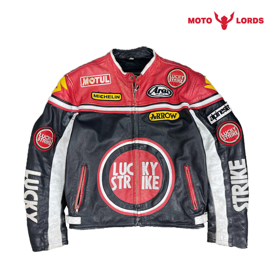 Lucky Strike Leather Jacket in Red and Black MotoLords