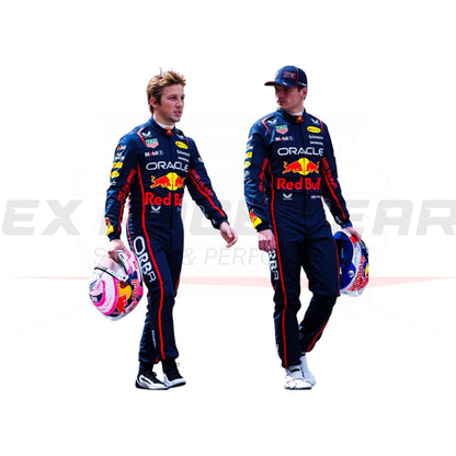 2025 Max Verstappen F1 Oracle Red Bull Suit, showcasing the bold Red Bull livery and sponsor logos.
