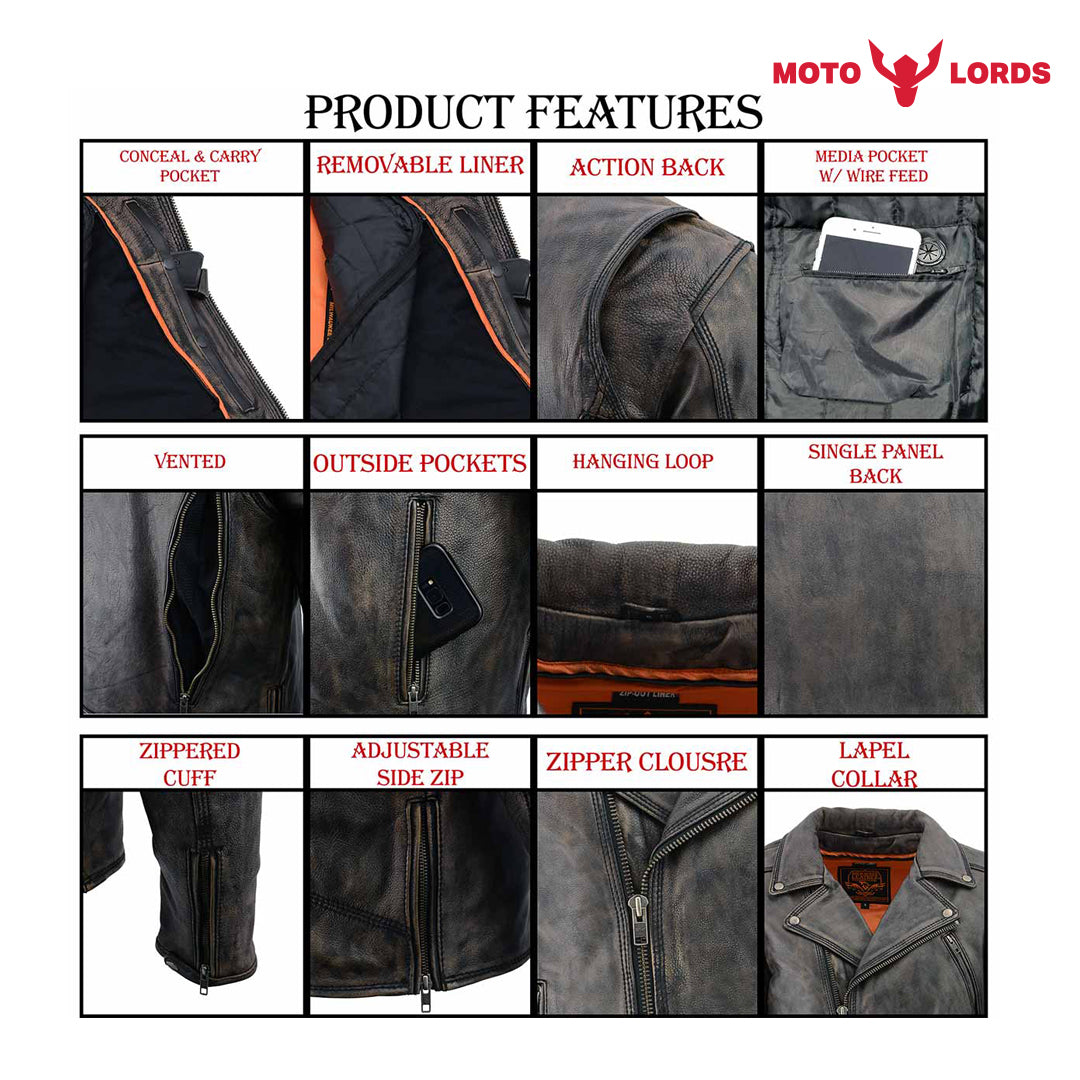 Rider's Choice ML71578 Men's Distressed Brown Triple Stitched' Beltless Motorcycle Leather Jacket MotoLords