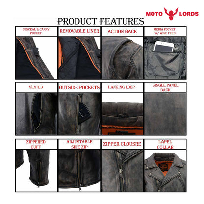 Rider's Choice ML71578 Men's Distressed Brown Triple Stitched' Beltless Motorcycle Leather Jacket MotoLords