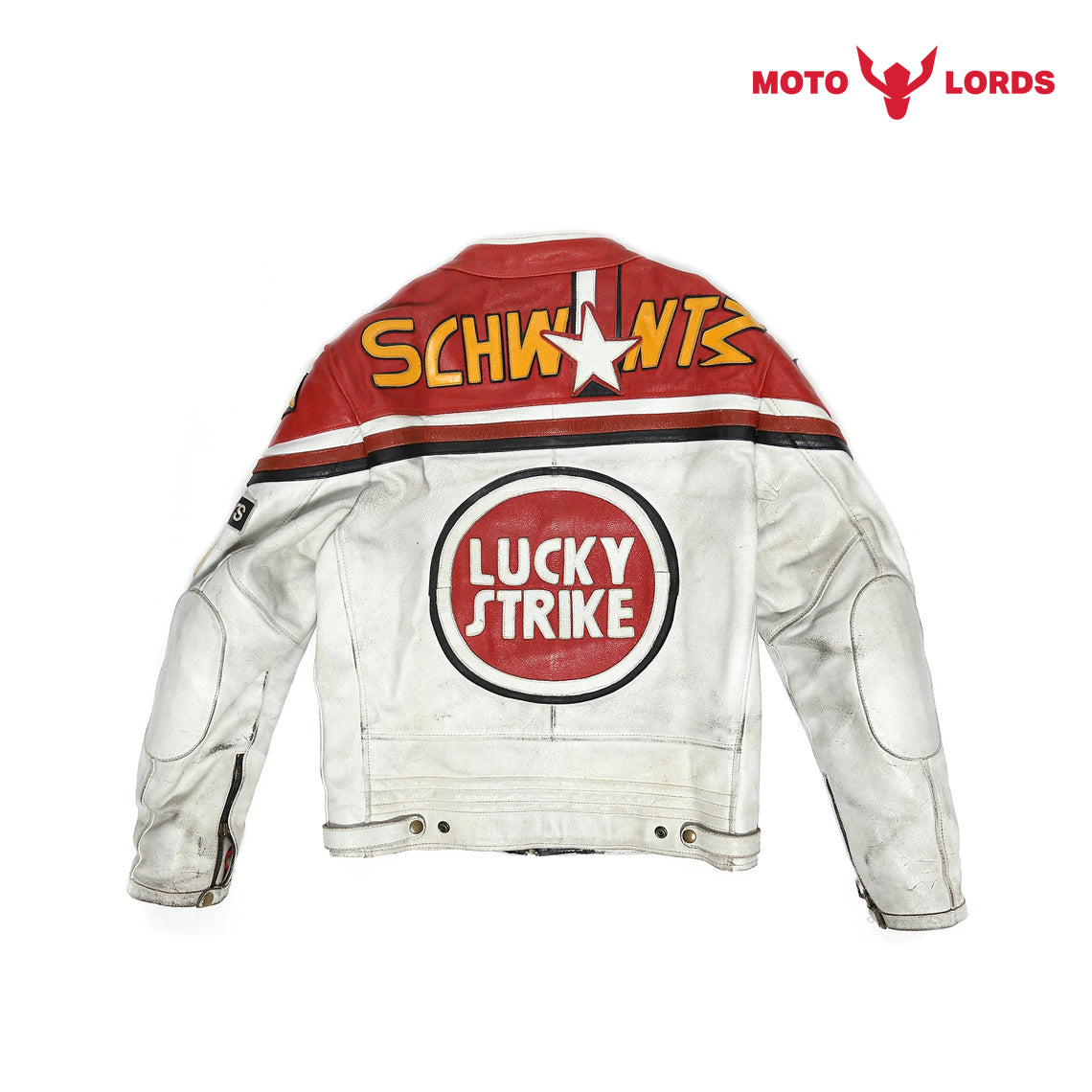 Lucky Strike Leather Jacket in Red and White MotoLords