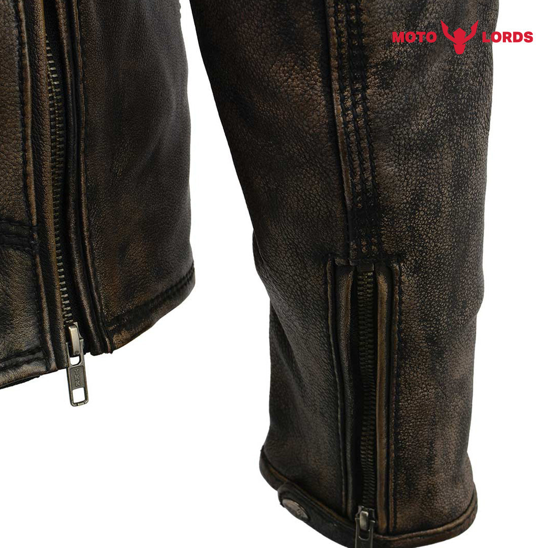 Rider's Choice ML71578 Men's Distressed Brown Triple Stitched' Beltless Motorcycle Leather Jacket MotoLords