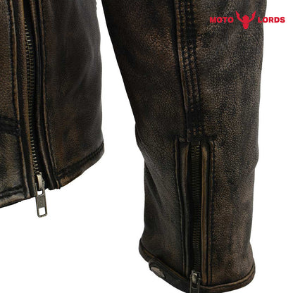 Rider's Choice ML71578 Men's Distressed Brown Triple Stitched' Beltless Motorcycle Leather Jacket MotoLords