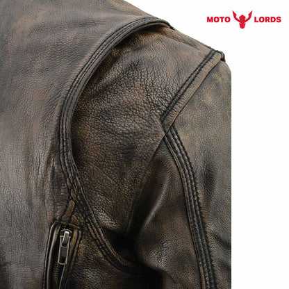Rider's Choice ML71578 Men's Distressed Brown Triple Stitched' Beltless Motorcycle Leather Jacket MotoLords
