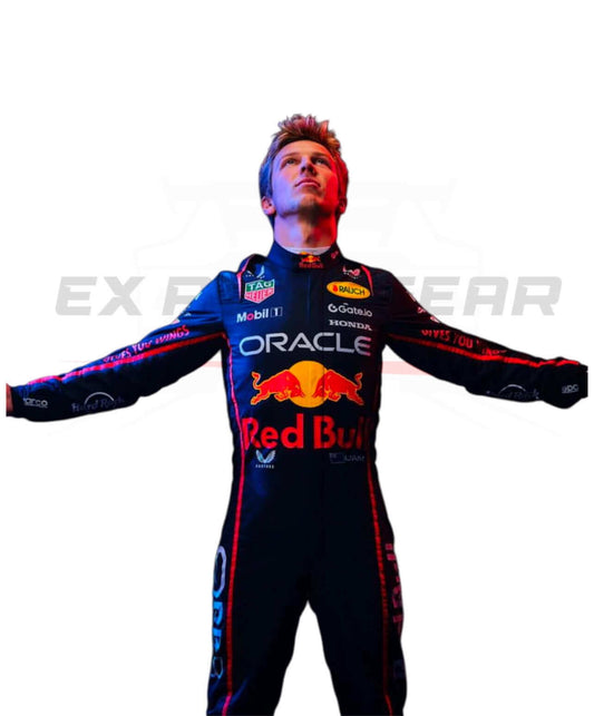 Close-up shot of the Max Verstappen F1 suit zipper and tailored construction, emphasizing the secure front fit   Ex Race Gear 