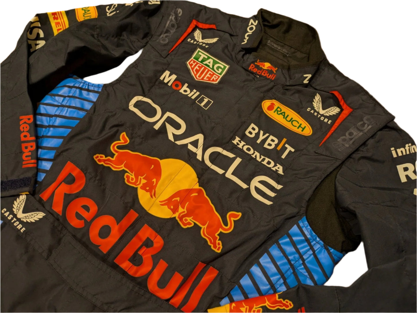 Rear view of Max Verstappen Red Bull F1 replica racing suit 2024 edition with detailed branding and bold colors - Ex Race Gear 