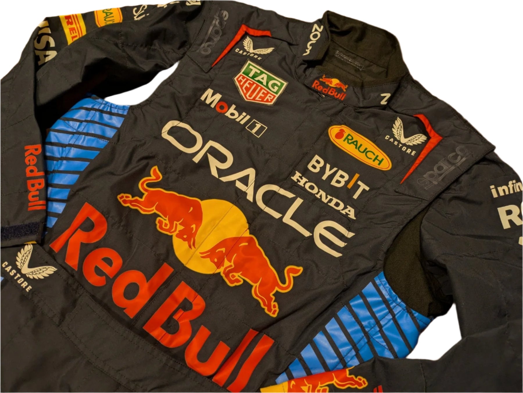 Rear view of Max Verstappen Red Bull F1 replica racing suit 2024 edition with detailed branding and bold colors - Ex Race Gear 