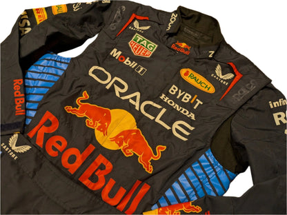 Rear view of Max Verstappen Red Bull F1 replica racing suit 2024 edition with detailed branding and bold colors - Ex Race Gear 