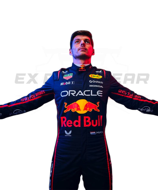 Side view of the 2025 Max Verstappen F1 Oracle Red Bull Suit, highlighting the ergonomic fit and premium fabric.  Ex Race Gear