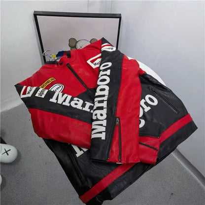 Marlboro Red-Black Leather Vintage Racing Jacket Ex Race Gear